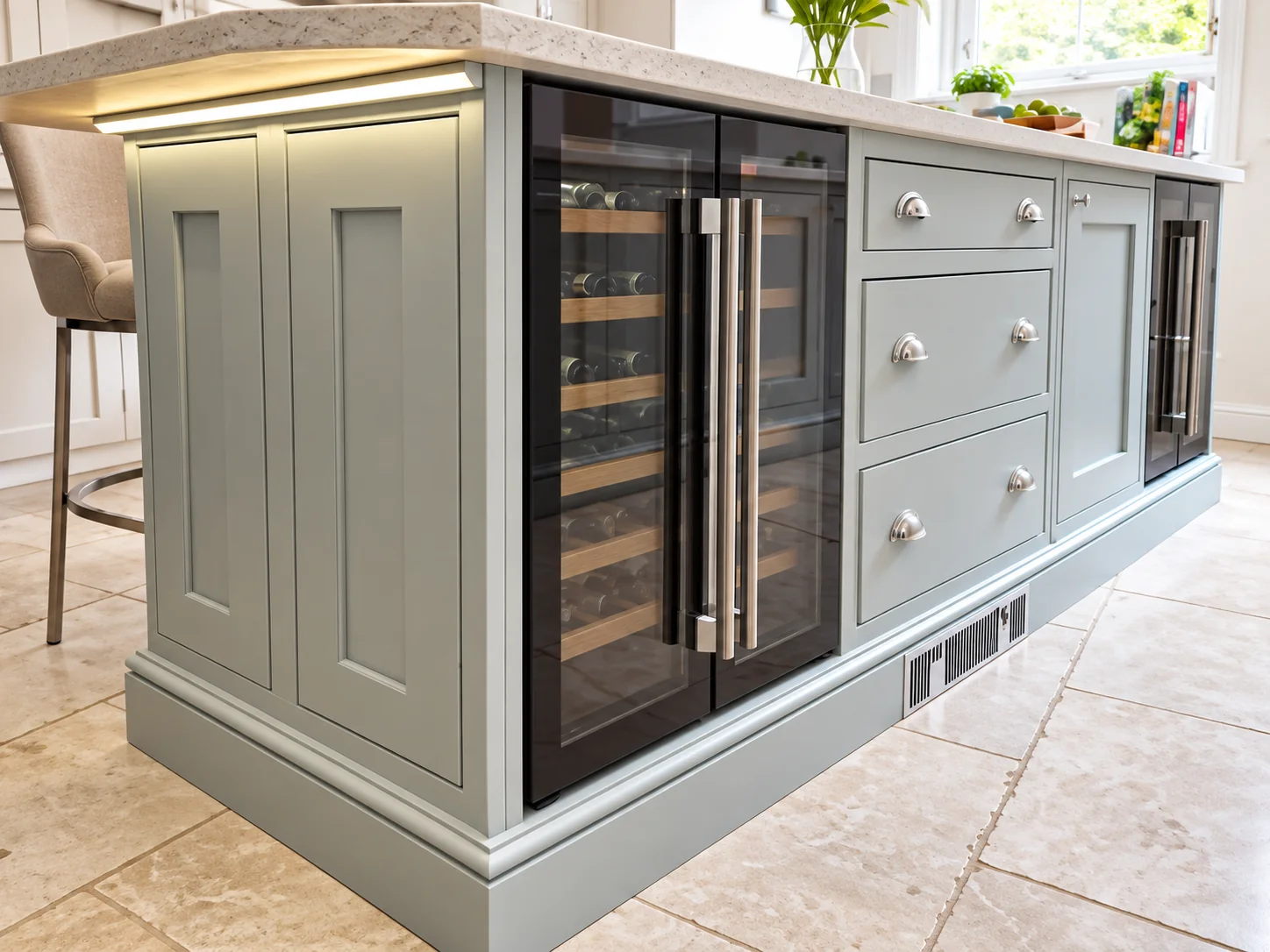 Kitchen island with integrated wine cooler by SM Installations