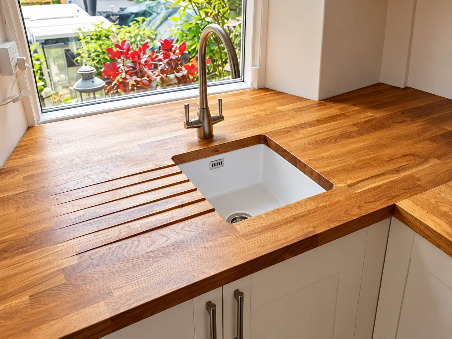 Oak worktop with undermount sink fitted as part of a kitchen installation by SM Installations