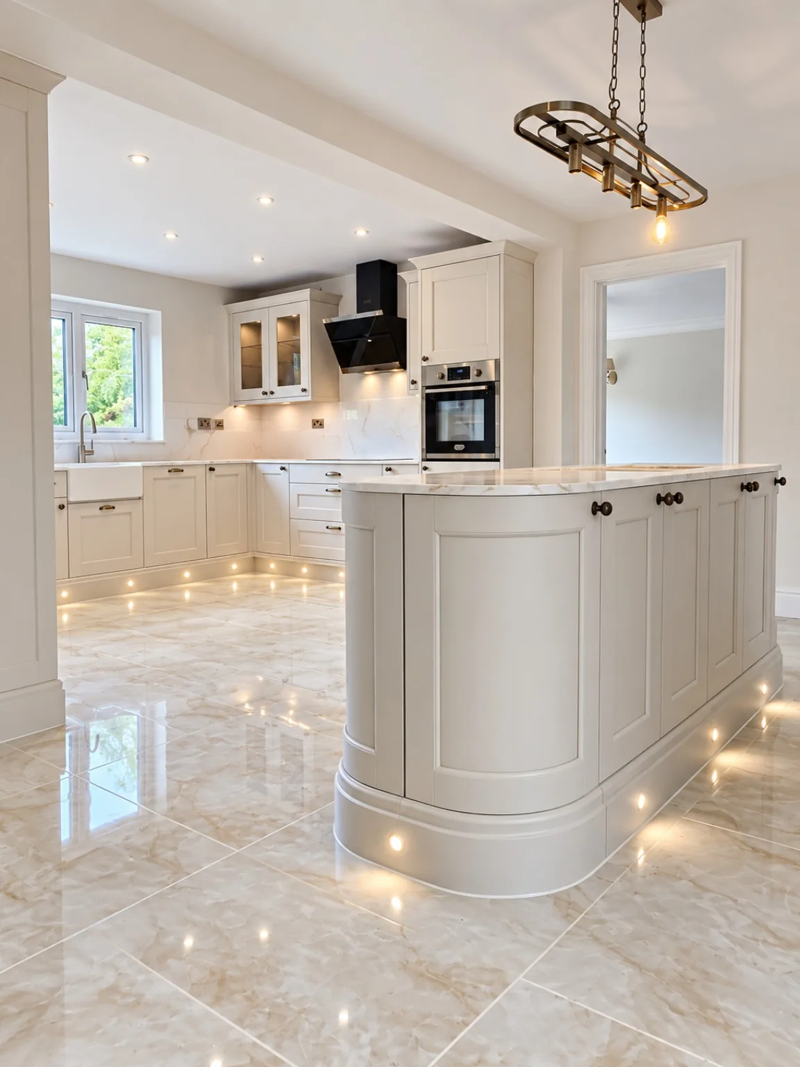 Fitted kitchen island with curved cabinetry completed by SM Installations