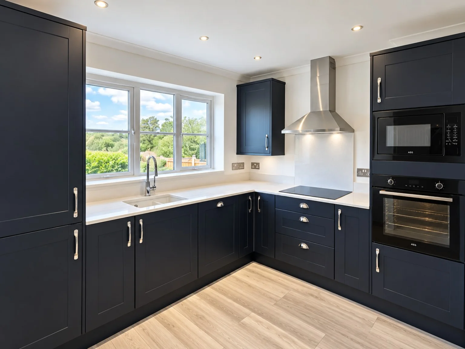 Dark shaker kitchen with integrated appliances fitted by SM Installations