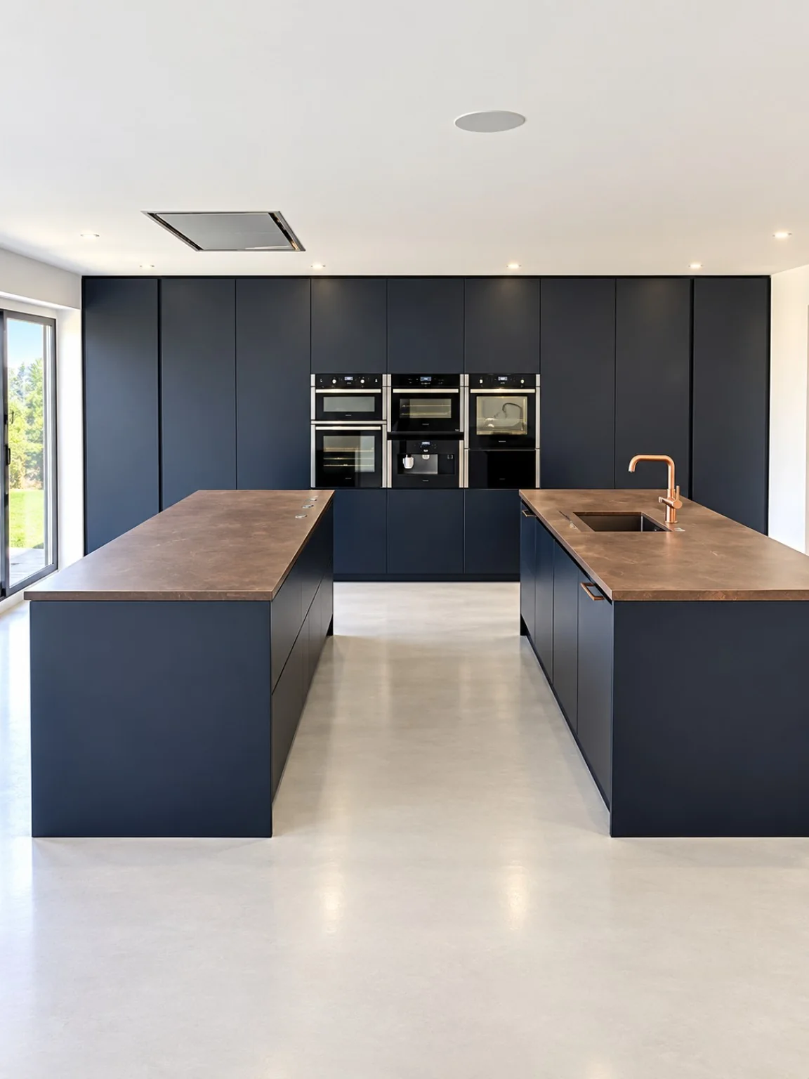 Dark kitchen island and fitted cabinetry completed by SM Installations